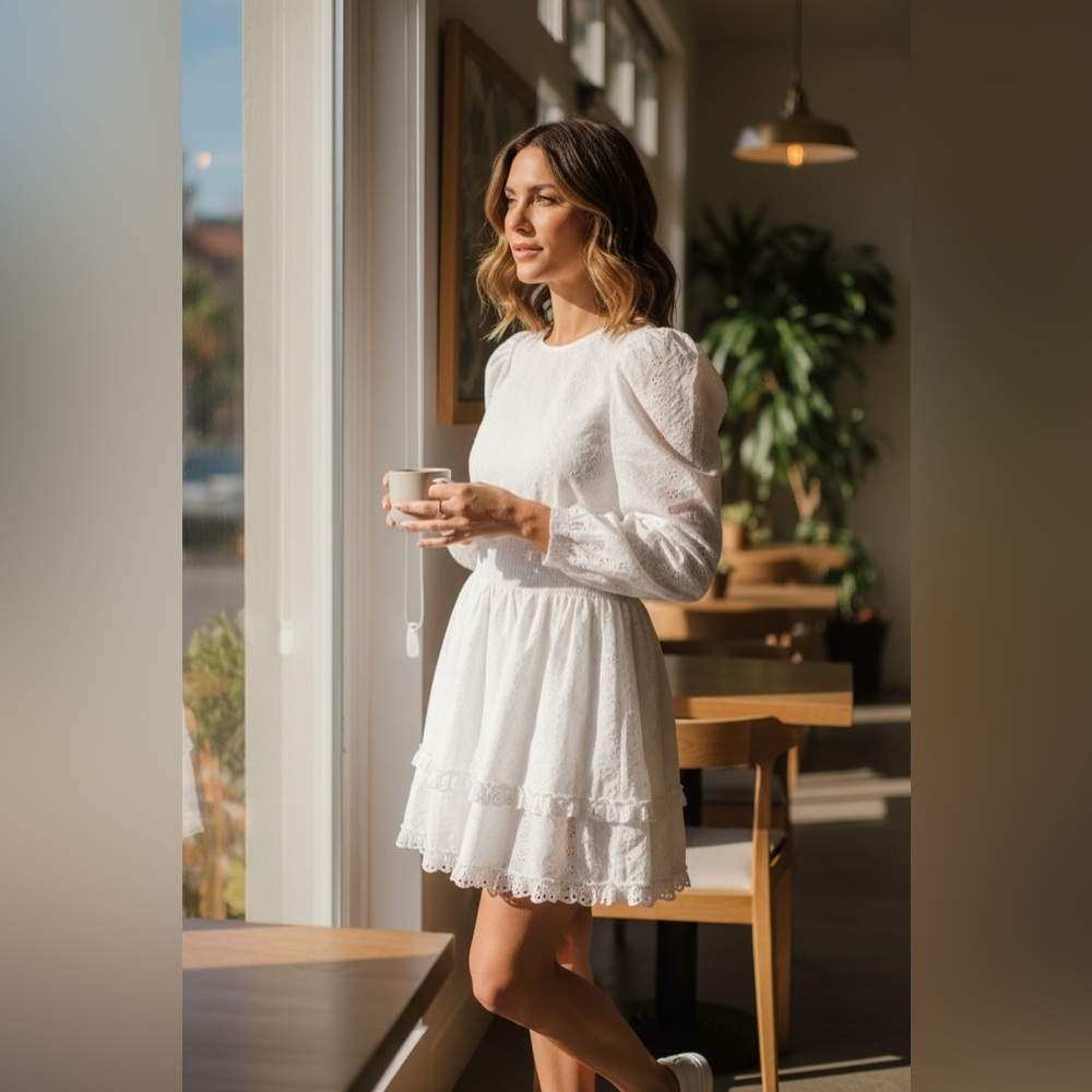 Splendid x Cella Jane Eyelet Mini Dress S White Tiered Smocked Feminine Bridal